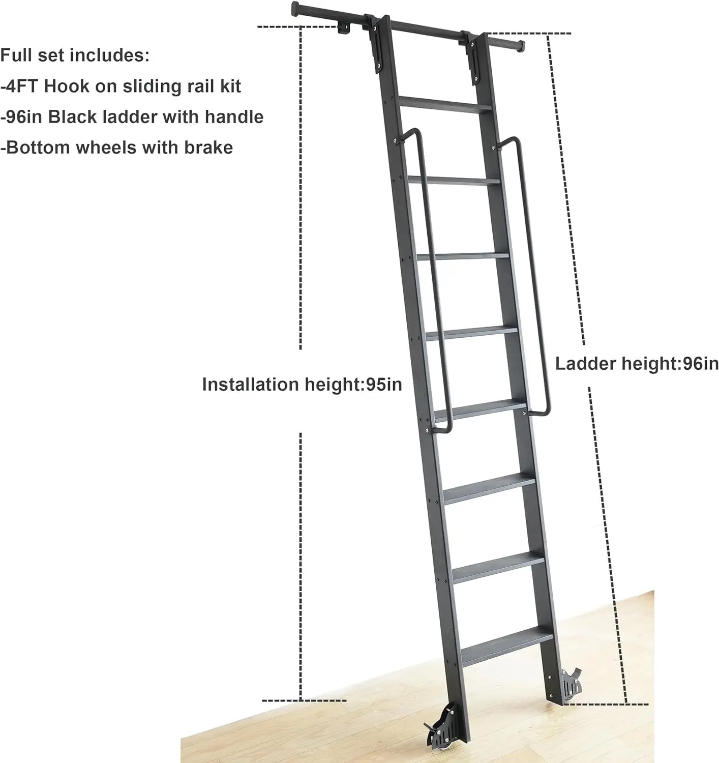 96In Metal Step Ladder With Glab Handle,Kit Includes 4Ft Hook On Rolling Library Ladder Hardware