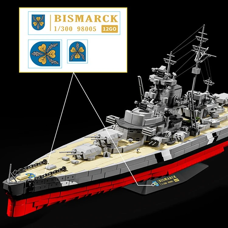 1:300 Bismarck Battleship Model Building Blocks Toy WW2 Military Army Warships Series MOC Boat Bricks Toys for Boys Kids Adult