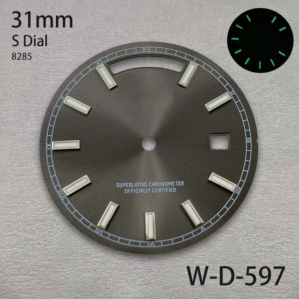 31mm S Logo Day And Date Dial Suitable For 8285 Movement Green Luminous High Quality Watch Modification Accessories