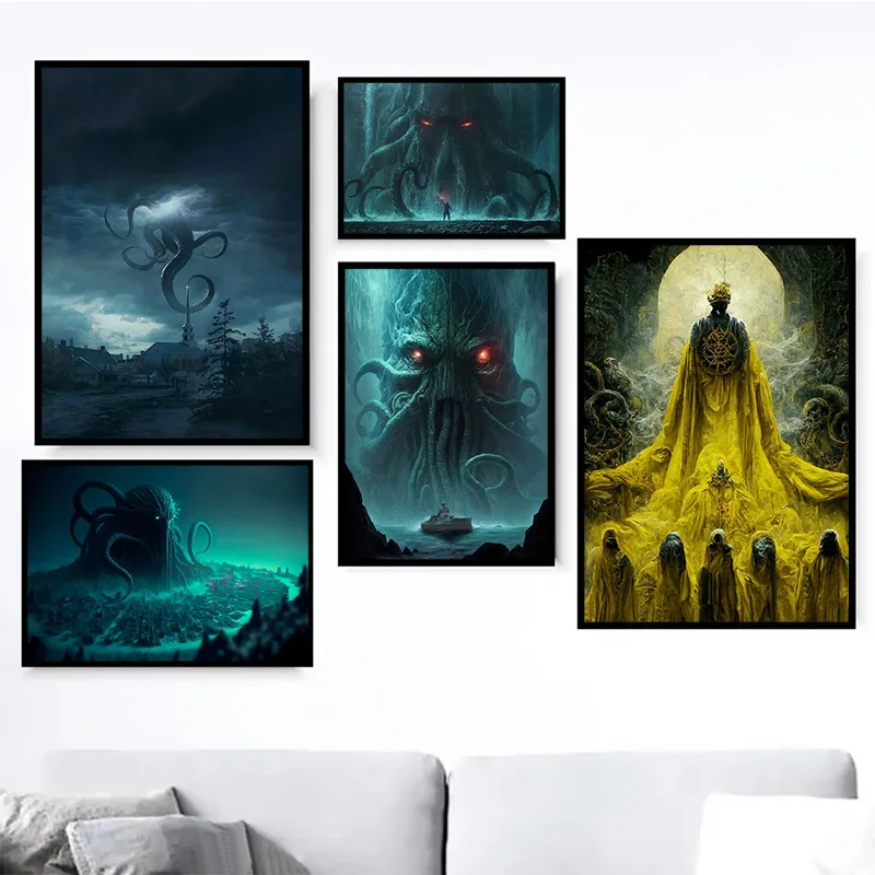 Cthulhu Mythos Canvas Poster - Classical Horror Sea Monster Wall Art for Game Room and Boy's Bedroom Decor