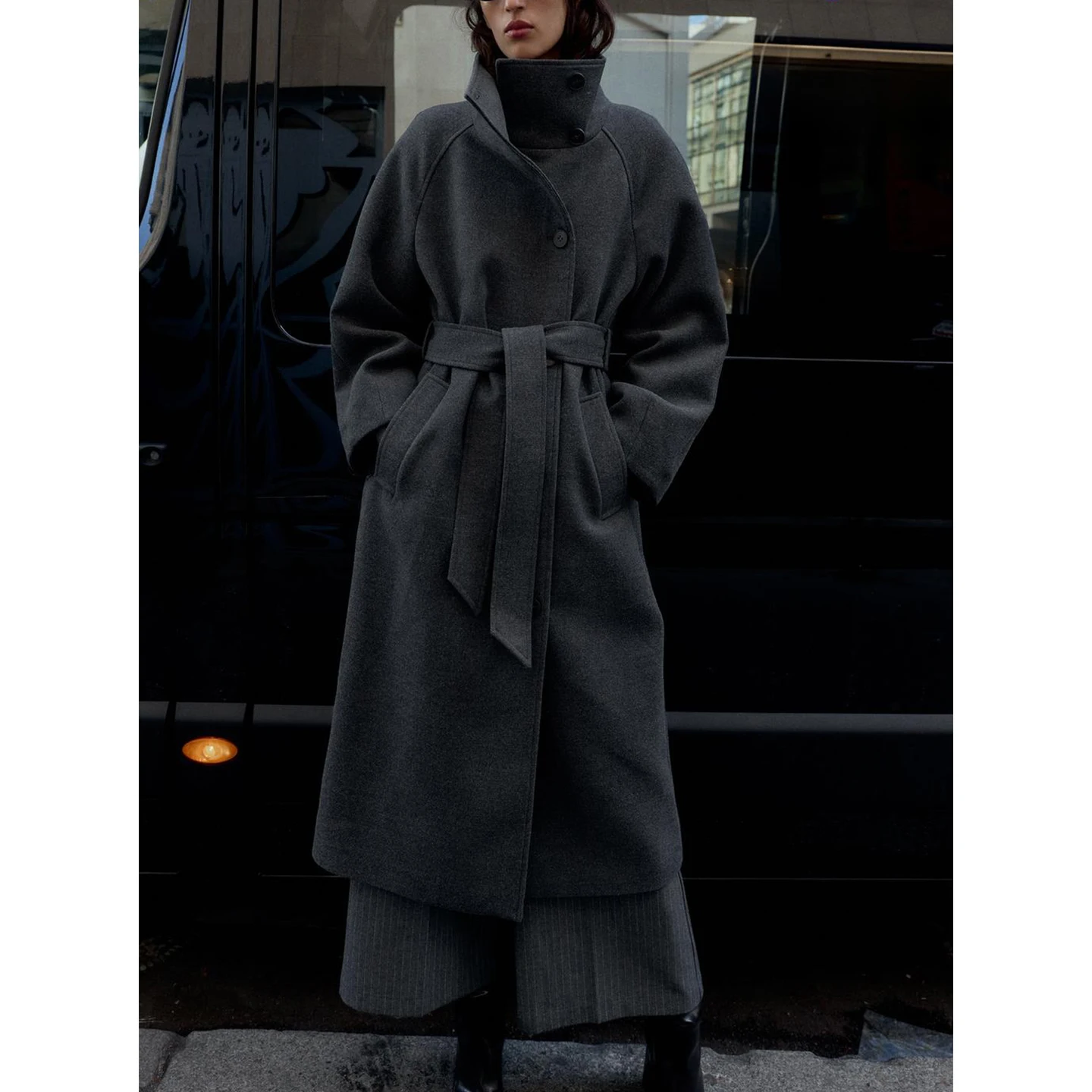 Autumn Winter New Women's Double-breasted Button Decorated Soft Long Sve Stand Collar with Belt Coat Outerwear 30369