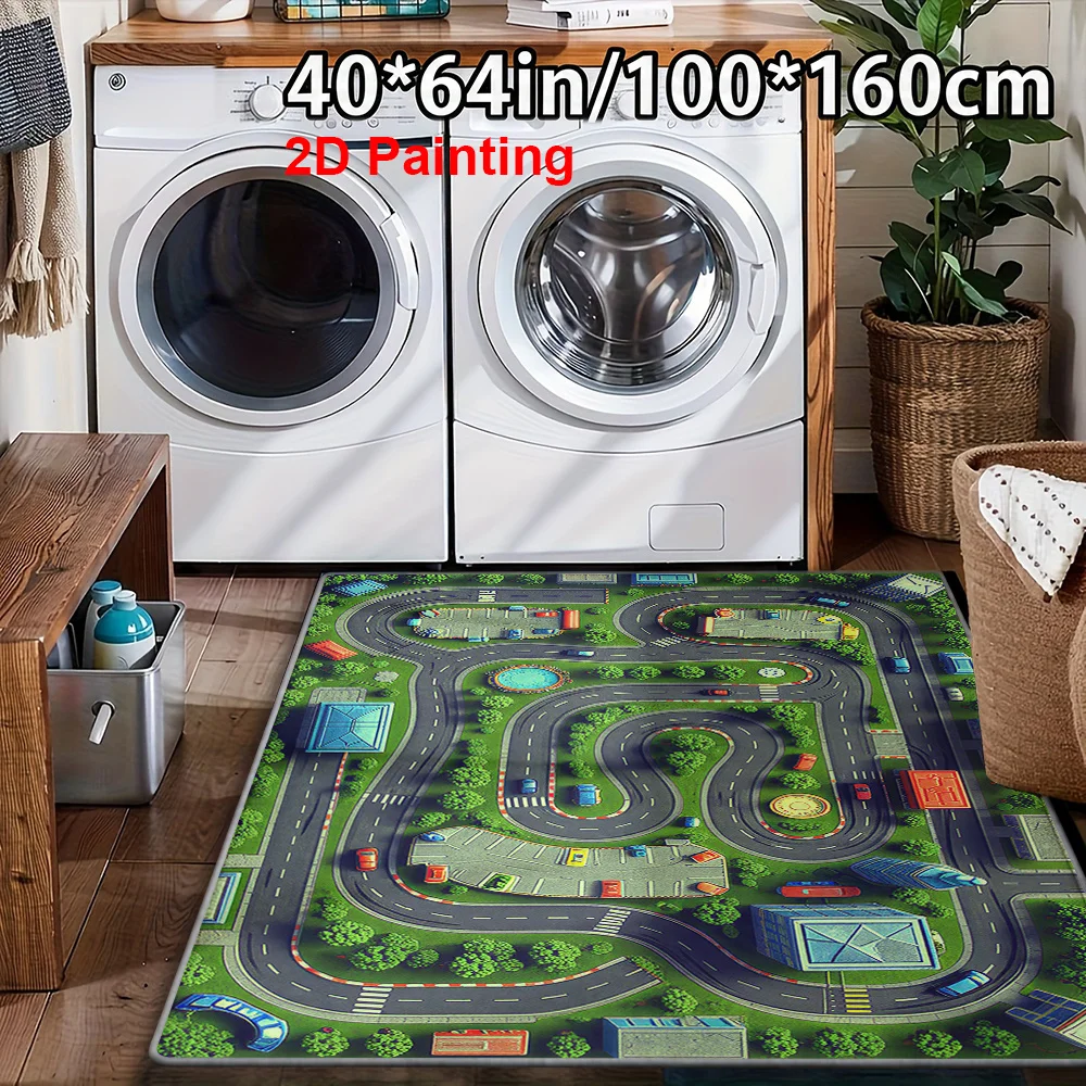Cartoon City Race Track 2D Flat Rug, Non‑Slip Washable Easy‑Clean Mat for Living Room Hallway Entryway Bedroom Indoor Decor