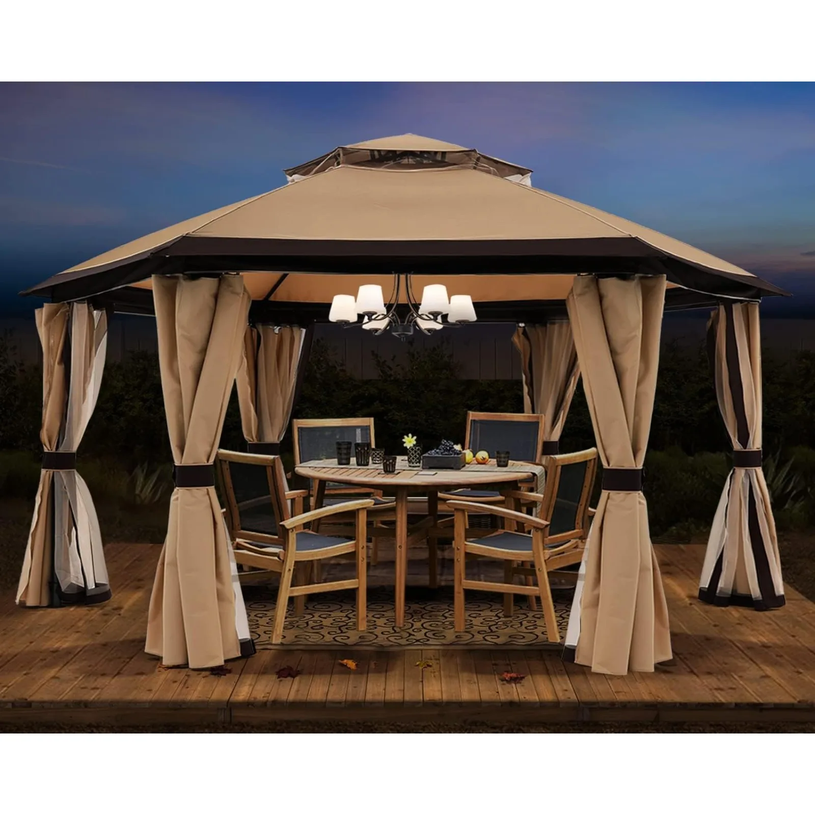 US 10'x10' Gazebos for Patios Outdoor Hexagonal Gazebo with Netting and Privacy Curtains Beige