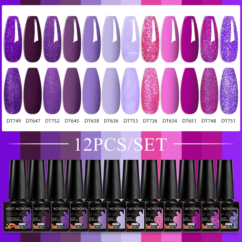 MEET ACROSS 12-teiliges 7,3 ml Gel-Nagellack-Set, lila, rosa, glitzernd, semi-permanent, Soak Off UV-LED-Gel-Nagellack-Set, Nagelkunst-Lacke