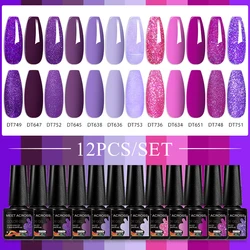 MEET ACROSS 12pcs 7.3ml Gel Nail Polish Set Purple Pink Glitter Semi Permanent Soak Off UV LED Gel Polish Kit Nail Art Varnishes