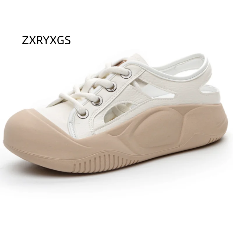 ZXRYXGS 2026 New Summer Lace-up Hollow Genuine Leather Sandals Women Breathable Sneakers Sandals Casual Thick Sole Plus Size 43