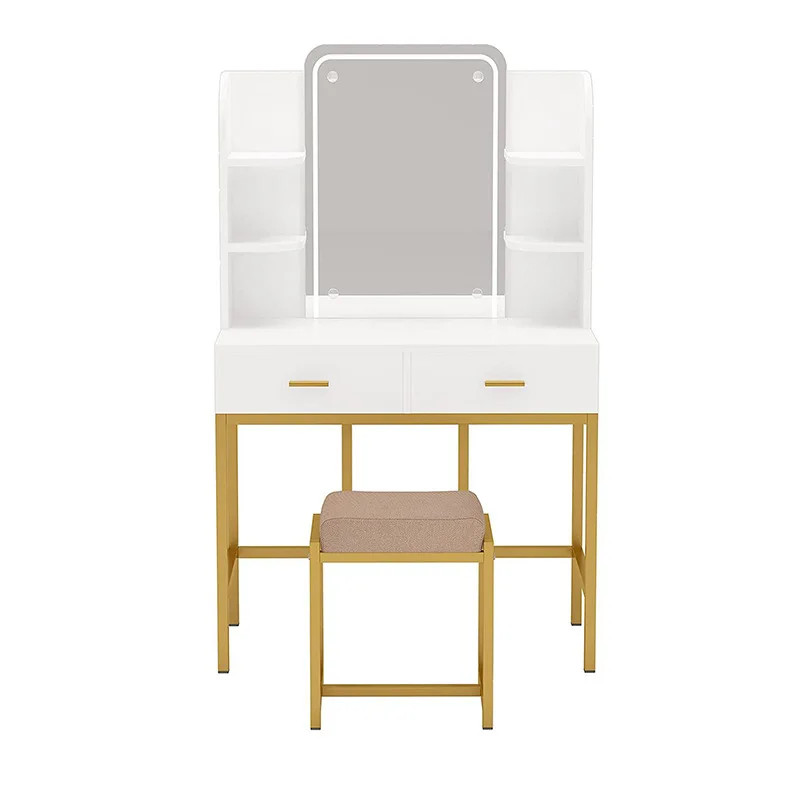 Bedroom white dresser, with stool set, three-color LED light mirror, power socket, drawer storage