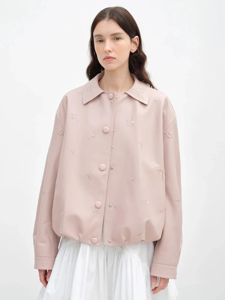 Vintage Short Genuine Leather Embroidery Jackets for Women Spring Autumn High-end Solid Simple Oil Wax Soft Real Sheepskin Coat