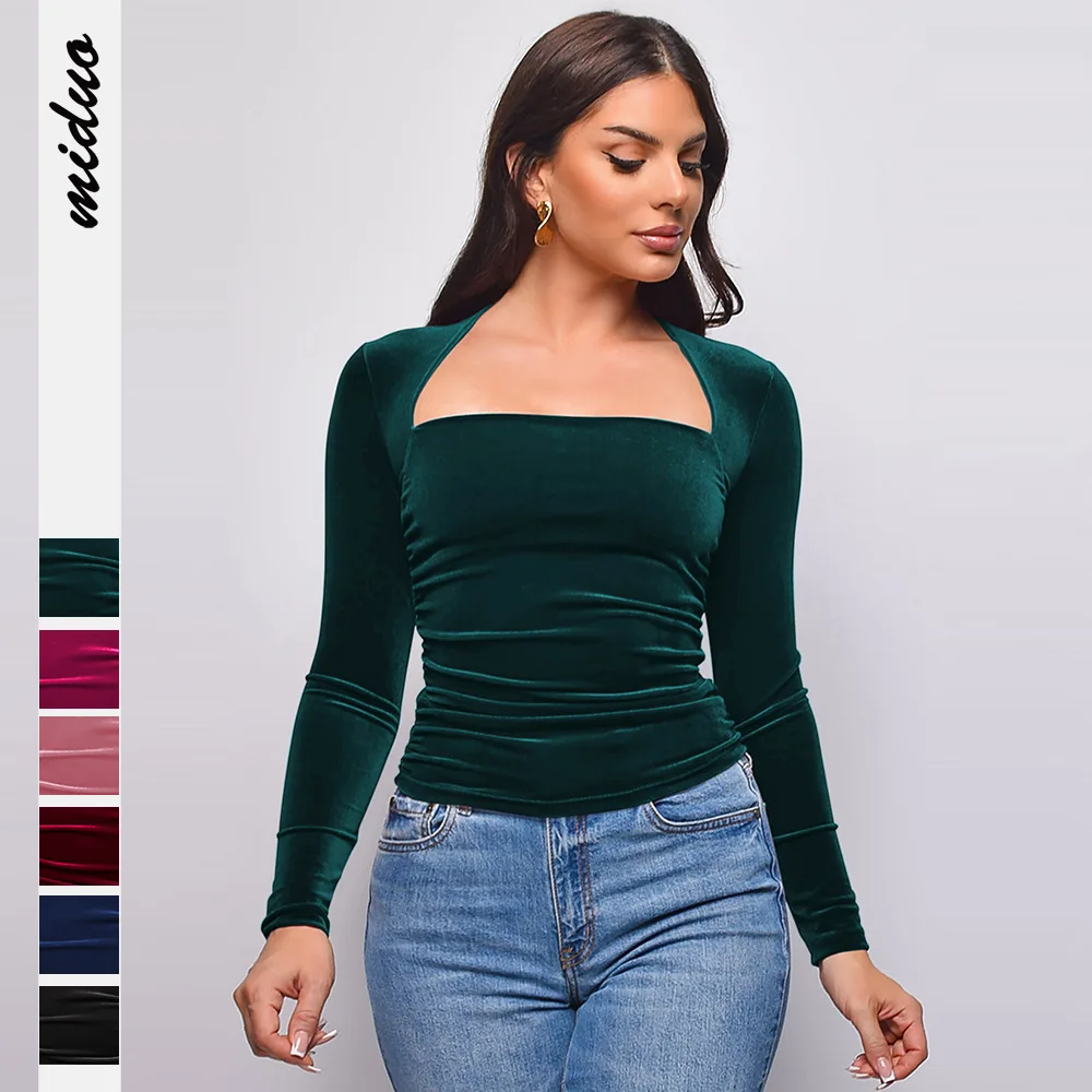 

Women's Velvet Top Long-sleeved Slim Square Collar Fashion Elegant New Trendy Lady T-shirt Autumn Winter Tee for Female