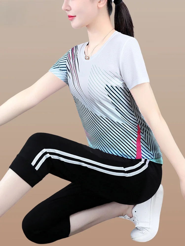 

TUCANO Ice Silk Qui Dry Sports Wear Set Women's Loose Casual mid Age Mom Summer Two Piece Suit Polyester Fiber round Ne
