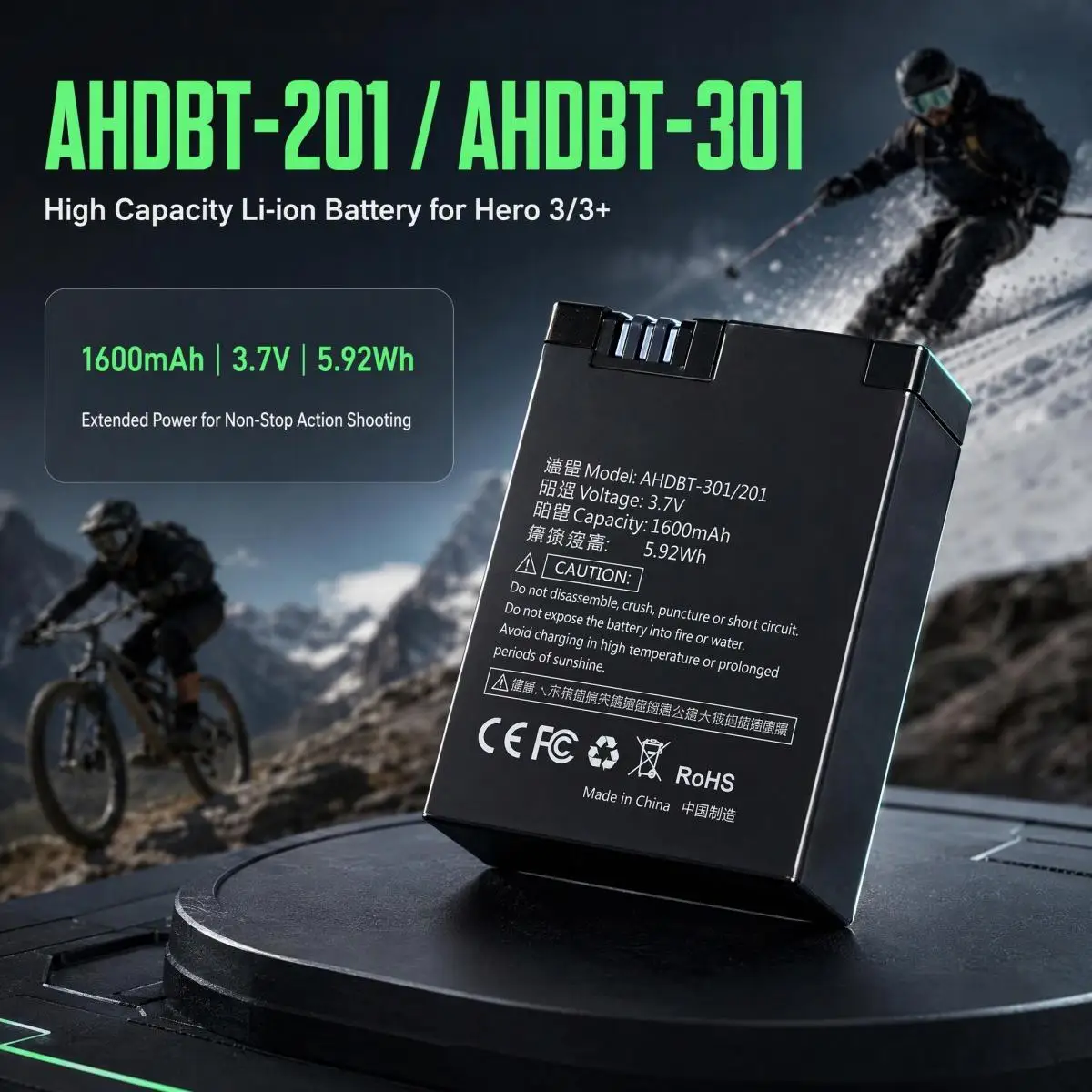 AHDBT-201 AHDBT-301 3.7V 1600mAh 5.92Wh Li-ion Replacement Battery Pack With Charger For Go Pro HD Hero3 Action Camera