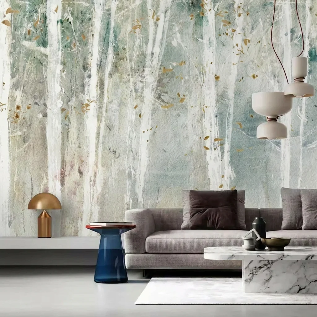 Watercolor art style birch tree trunks, artistic accent for bedroom headboard background wall, self-adhesive material.