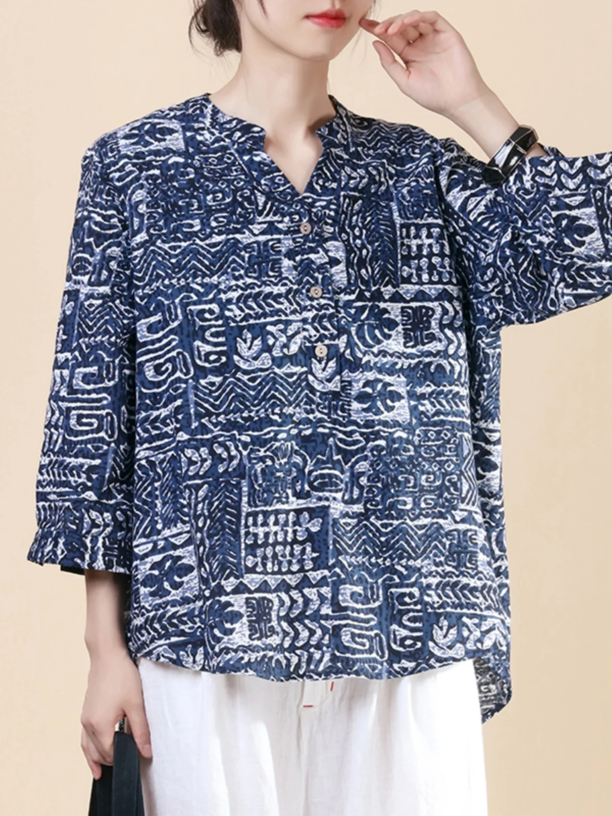 

Ele V-ne Cotton Linen irt Women's Faion Upade Unexpected Attraction Blue Porcelain Print Seven-quarter Sve