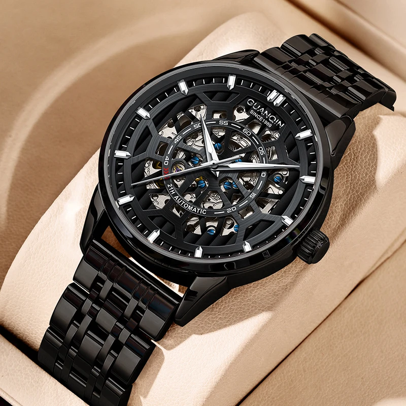 Men's Skeleton Automatic Mechanical Watch, Waterproof Luminous Stainless Steel Wristwatch, Business Casual Sport Watch for Men D
