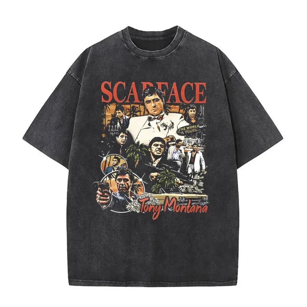 

Washed Vintage Movie Scarface Al Pacino As Tony Montana Print T Shirts Male Hip Hop Streetwear Men Women Rock Oversized T-shirts