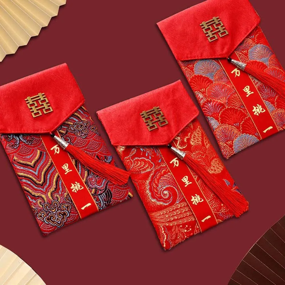 

New Year Blessing Words Brocade Red Envelope Spring Festival Brocade Cloth Tassel 2025 Money Pocket Best Wishes Embroidery