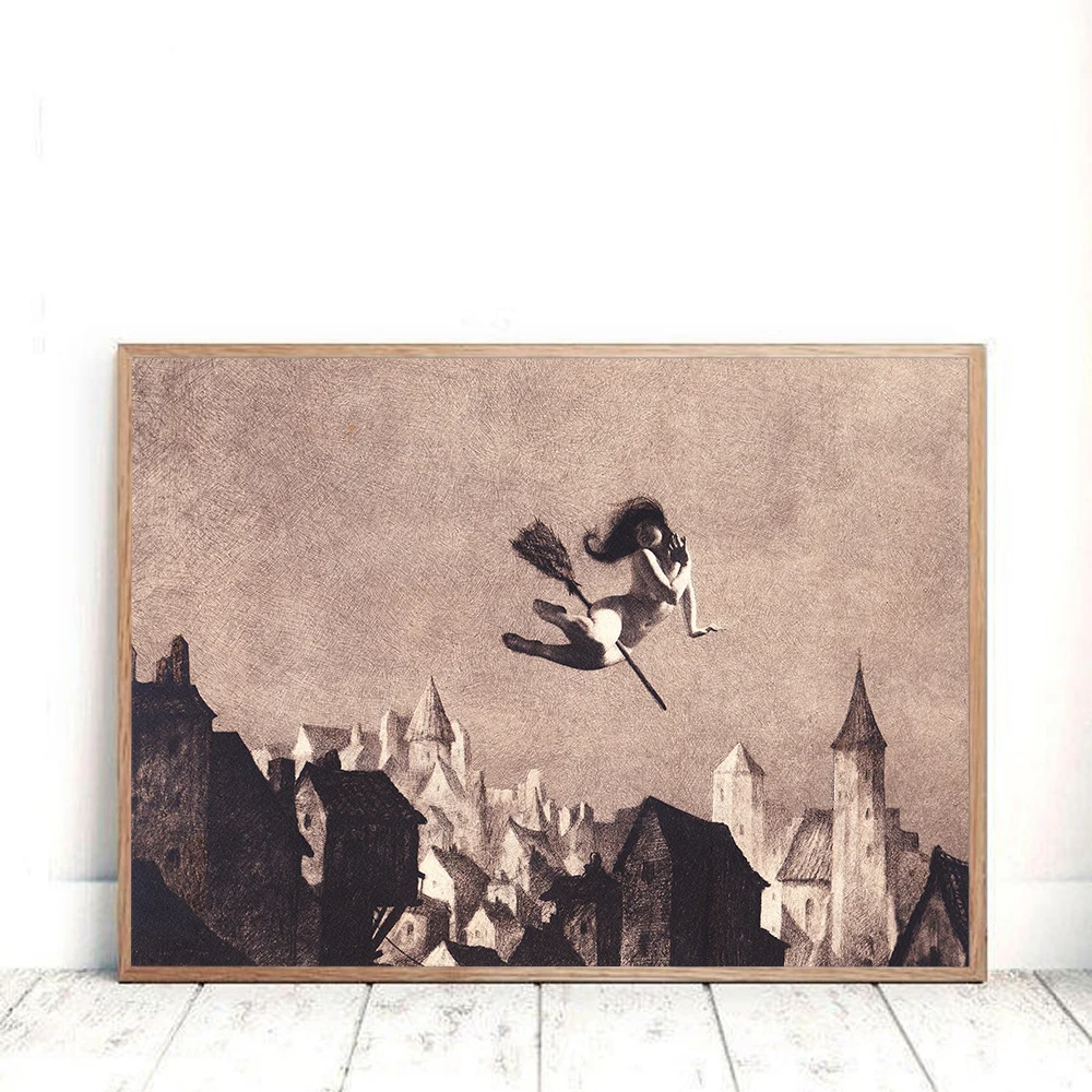 Witch on Her Broom Poster Vintage Nude Woman Print Gothic Wall Art Canvas Painting Halloween Decoration Picture Home Room Decor