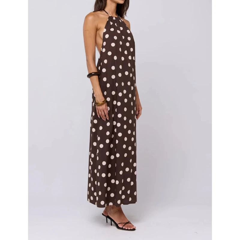 Women Y2k Vintage Polka Dot Loose Fit Halter Neck Cami Long Dress Spaghetti Strap Tie Backless Maxi A-line Slip Dress