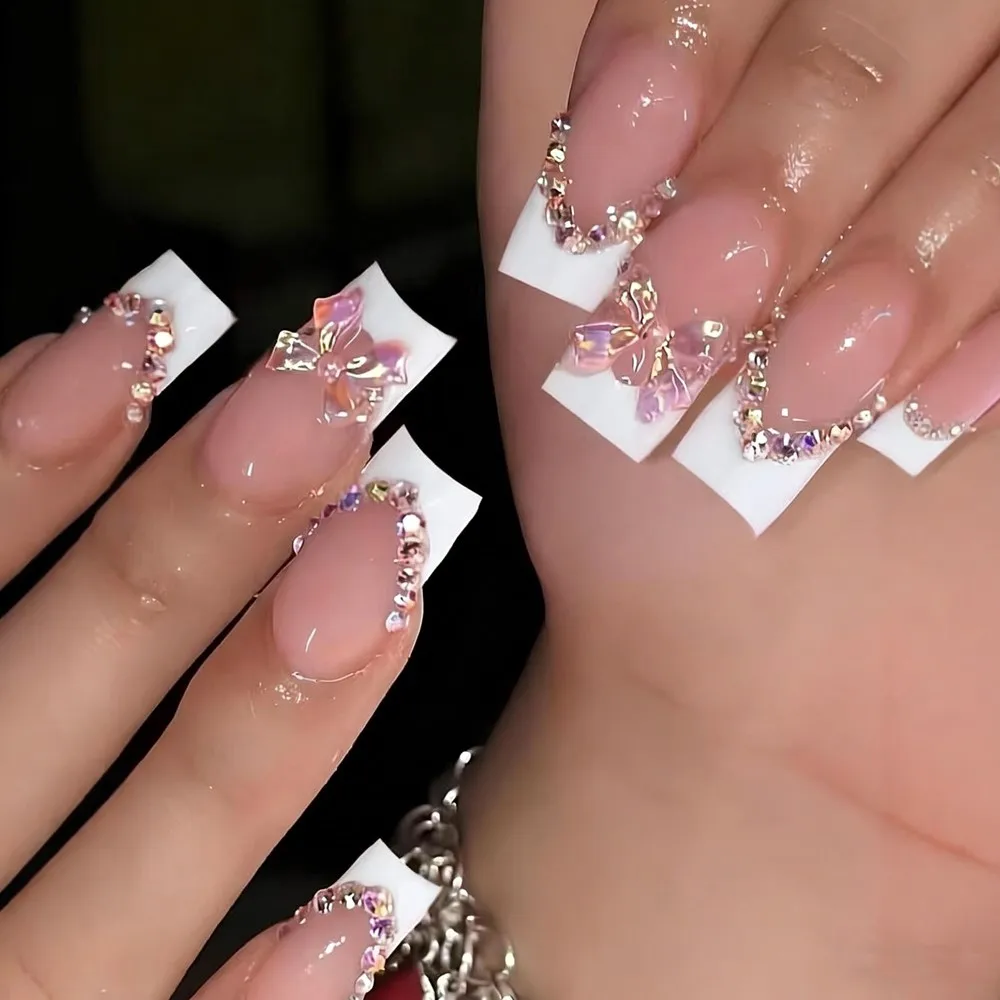 24Pcs Acrylic Flower/Pearl Rhinestones French False Nails Full Cover Medium Square Nude Press On Nails Sweet French Fake Nails & view 6
