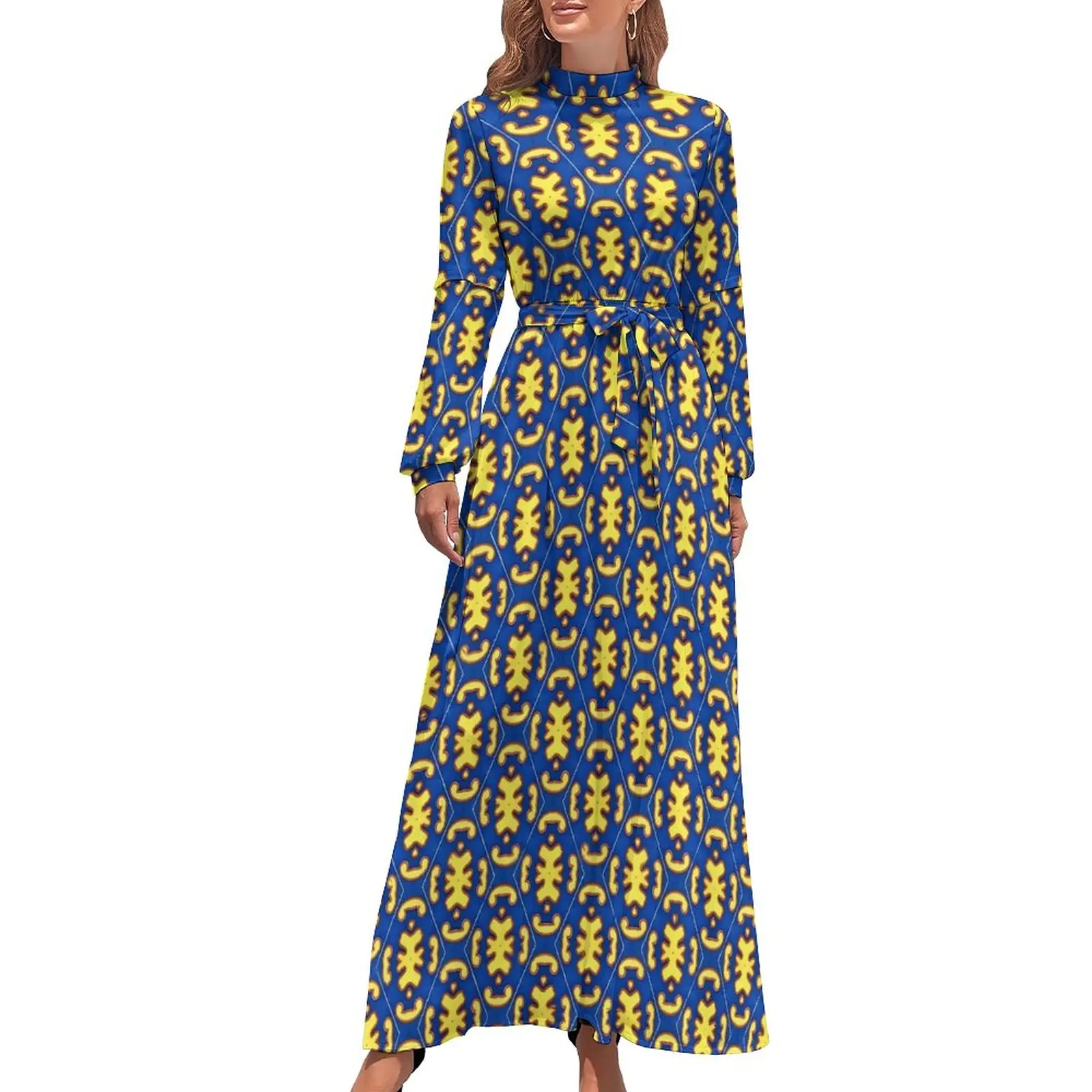 Crazy Baroque Dress High Waist Blue Yellow Pattern Beach Dresses Long-Sleeve Street Fashion Long Maxi Dress Sexy Clothing