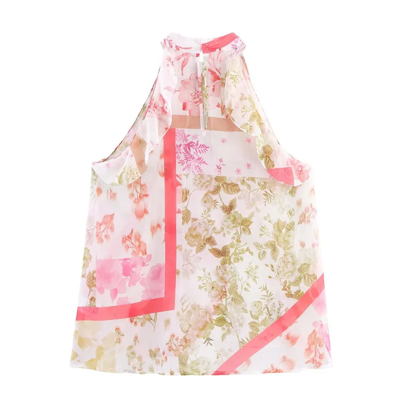 Top elegante con scollo all'americana decorativo a strati con stampa floreale alla moda