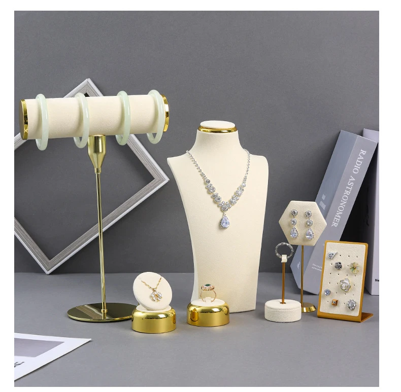 Beige Jewelry Display Props with Metal Base Earring Necklace Organizer Holder Jewelry Counter Earrings Rings Display Stand