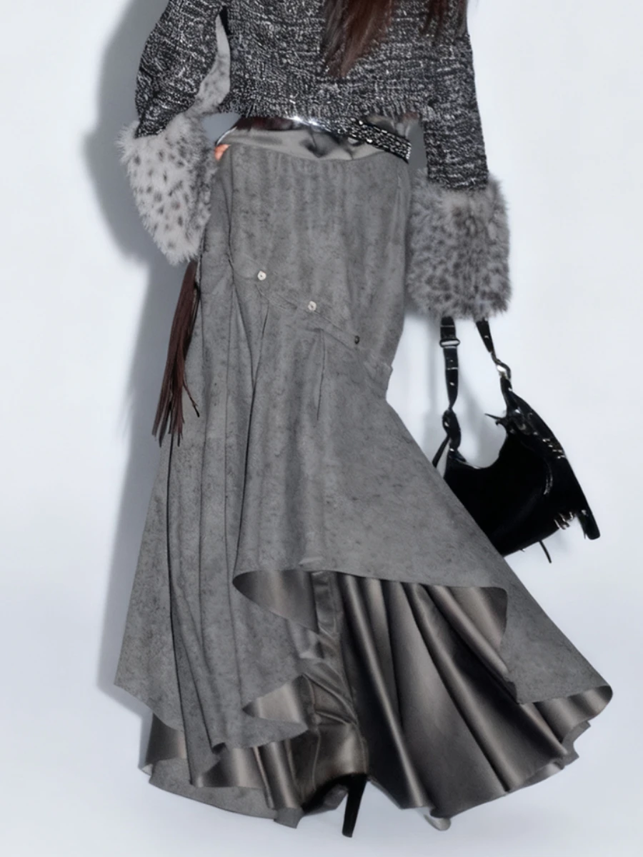 TWOTWINSTYLE Hit Color Loose Spliced Lace Up Irregular Skirts for Women High Waist Patchwork Buttons Fashion Long Skirt Female