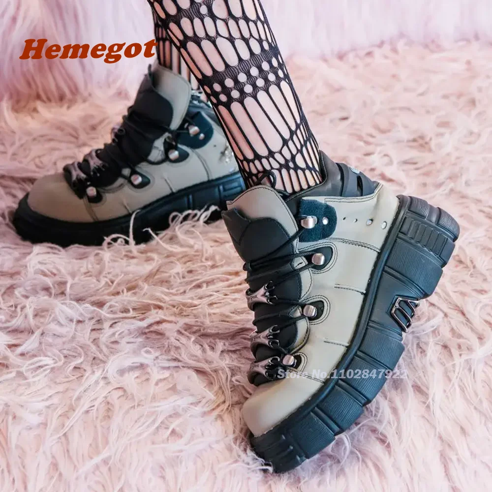 

Rock Metal Thick Soled Ankle Boots Tank Bottom Platform Lace Up Grey Motorcycle Women's Boots Winter Patchwork Luxury Shoes Sexy