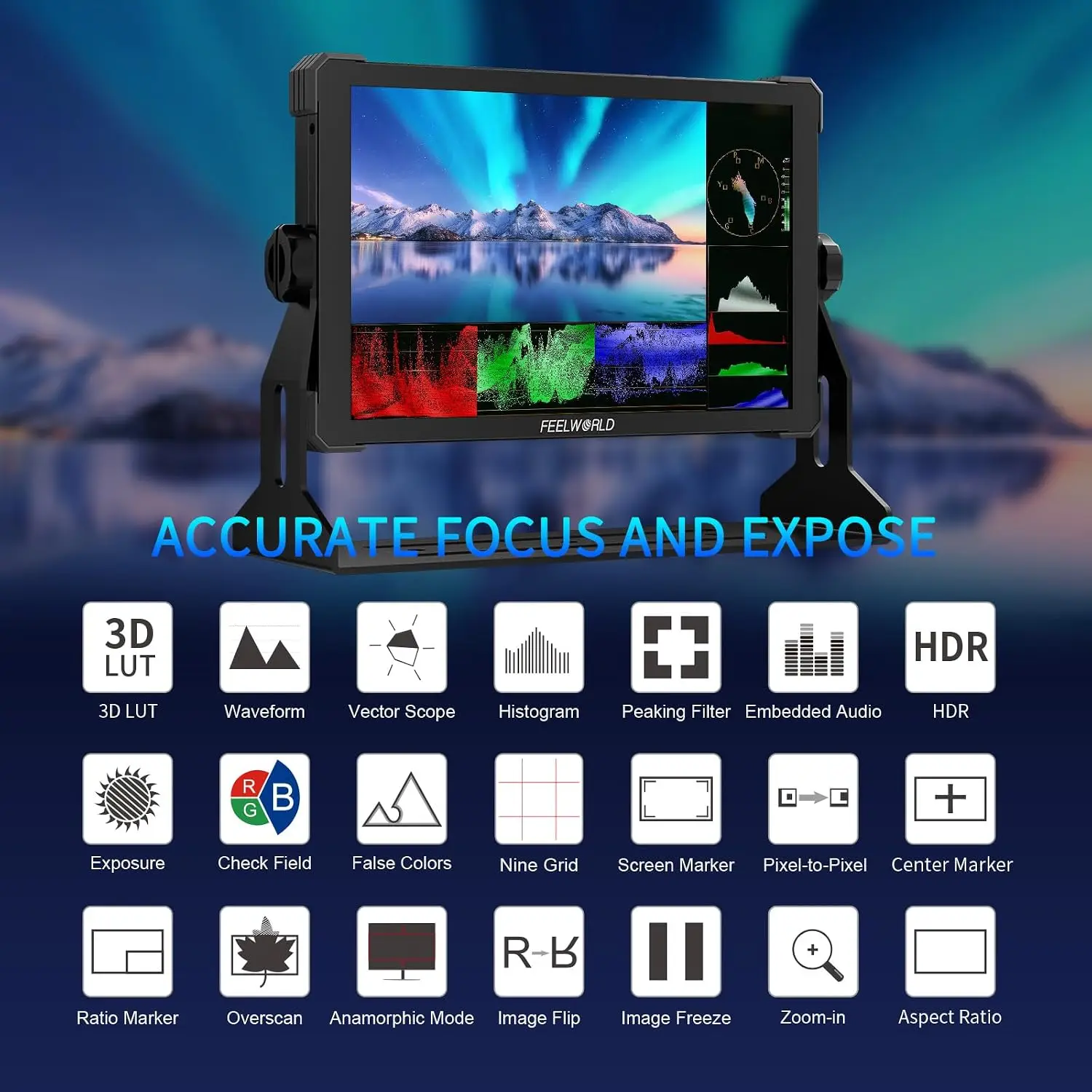 FEELWORLD T10 On-Camera DSLR Monitor FHD 500nit 4K HDMI Input Output HDR 3D LUT Waveform FOR Videographer Creator view 4