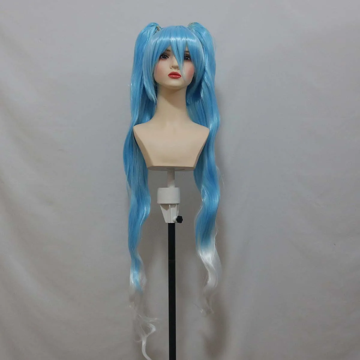Women Anime VOCALOID Miku Cosplay Long Light Blue Gradient White Clip on Double Ponytails Wig