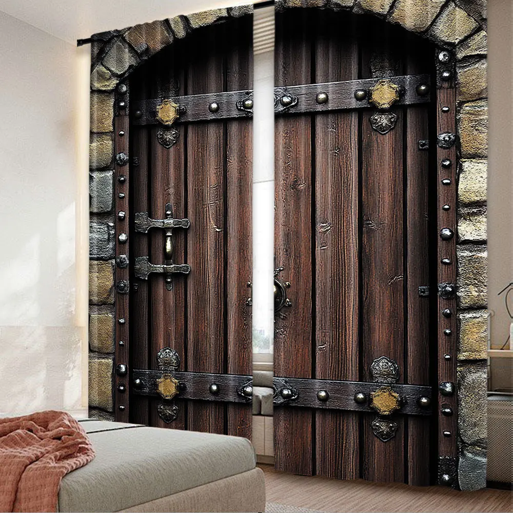 2Pcs Rustic Curtains Wooden Door Historical Vintage Exterior Medieval Structure Suitable For Bedroom Bathroom Living Room Dining