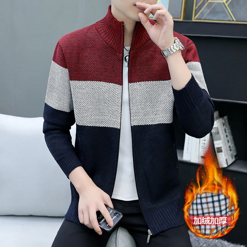 2024 Winter Men Sweater Add Velvet Cardigan Patchwork Color Stand Collar Male Casual Zipper Knitted Thick Warm Sweatercoat