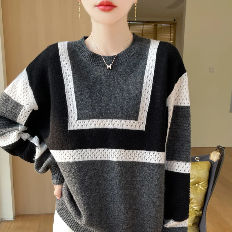 2024 New Classic Women's Pure WoolPullover Thick Loose Sweater Round Neck Warm Soft High Quality Knitted Pattern Basic Top