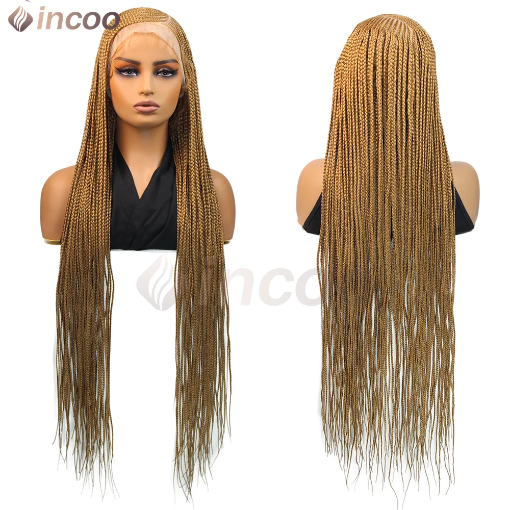 Wig kepang Corncow 36 inci dengan belahan samping, kepang kotak tanpa simpul, rambut sintetis full lace wig untuk wanita kulit hitam