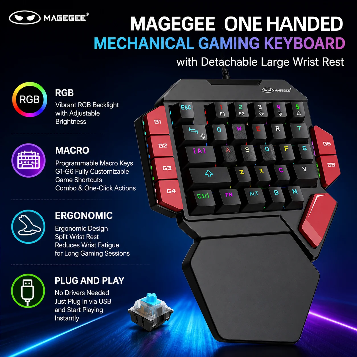 MageGee One‑Handed Mechanical Gaming Keyboard RGB Backlit Ergonomic Wrist Rest 35 Keys Single Hand Keypad for Laptop PC Game