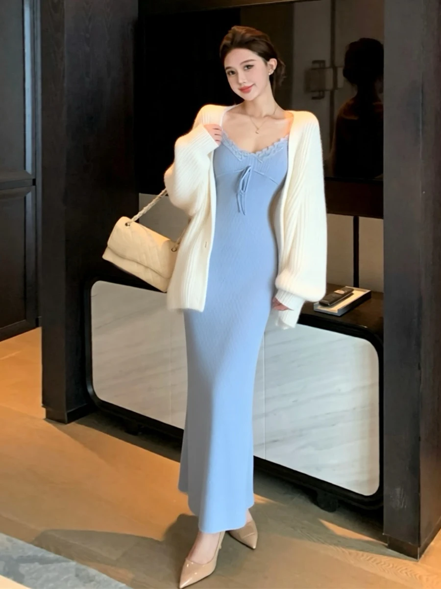Autumn Winter Knitted Wrap Dress with Belt V-Neck Long Sleeve Casual Style Women's Fashion Set Two-Piece Suit Comfortable Fit