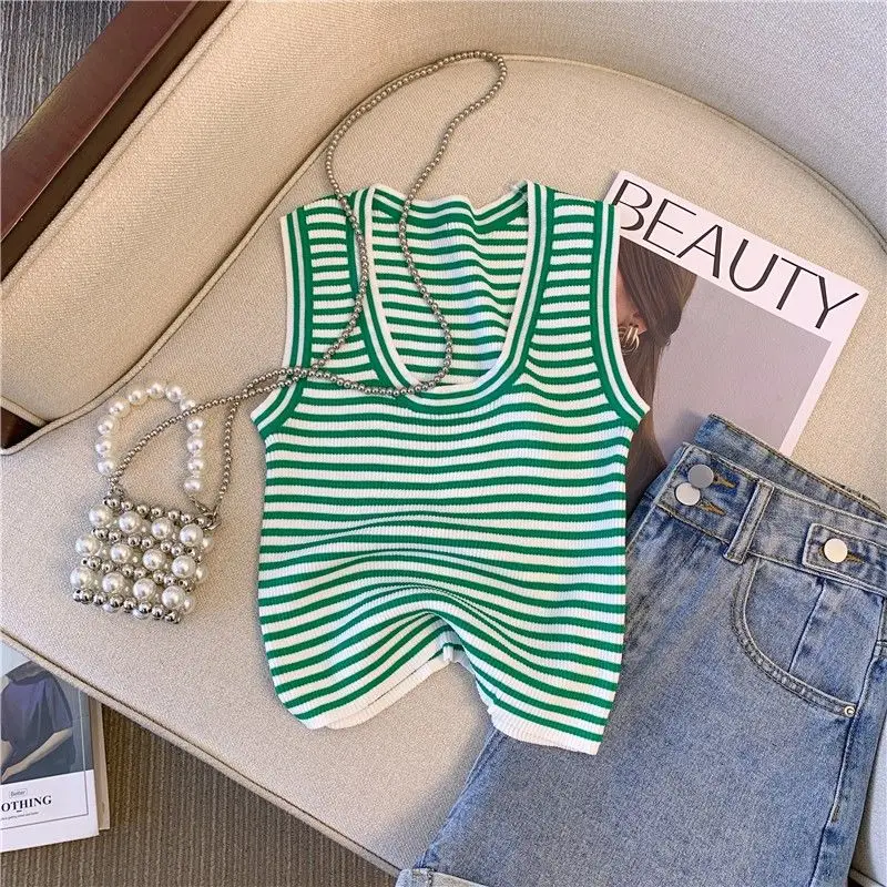 Sexy Knitted Ice Silk Striped Tank Top Unique Sweet Hot Girl Short Low Neckline Sleeveless Top Tank Top Women