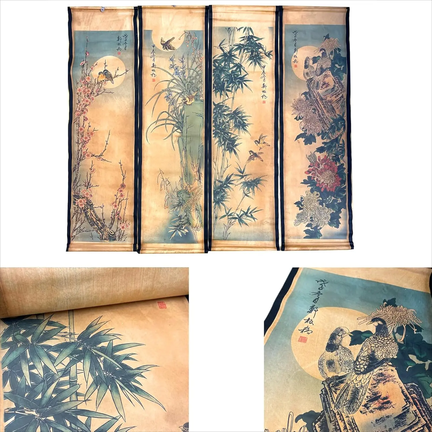 

Wall Scroll Hanging Painting Decor, Chinese Traditional Art Set of 4 Vintage Flower Paintings Ancient Painting Replica,