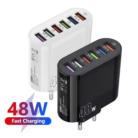 아이폰 14, 13 프로, 샤오미, 삼성 원플러스, QC 3.5 벽 충전용, 48W USB 6 포트 고속 충전 휴대폰 어댑터, C타입 충전기
