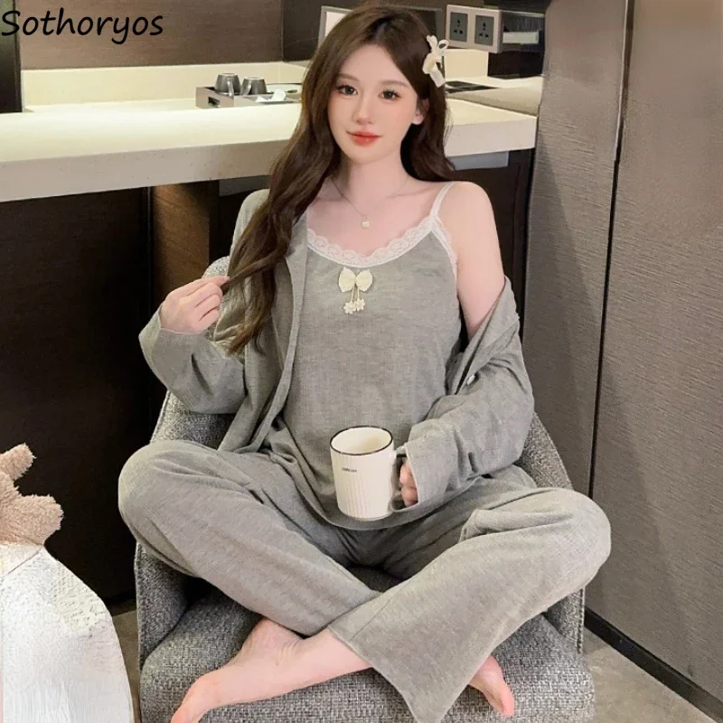 

Japanese 3pcs Pajama Sets Women M-5XL Tender Lace Design Sweet Padded Home Sleepwear Simple Ulzzang Lounge Girlish Mujer Autumn