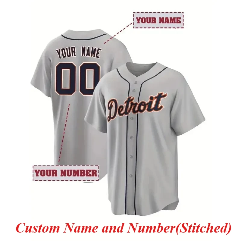 Customized Name And Number Men's Embroidery Baseball Jersey Detroit Grey V-Neck Personalized Short Sleeve Button Down DIY Shirts
