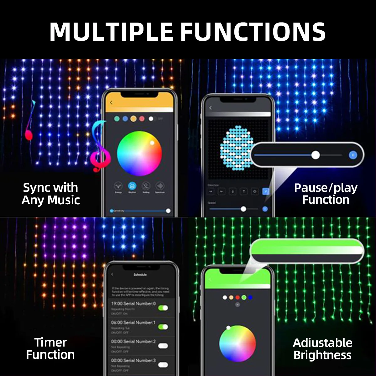 2x2M RGB スマートカーテンライトストリング USB プラグリモート Bluetooth アプリ制御 DIY フェアリーライト パーティールームキャンピングカー装飾用