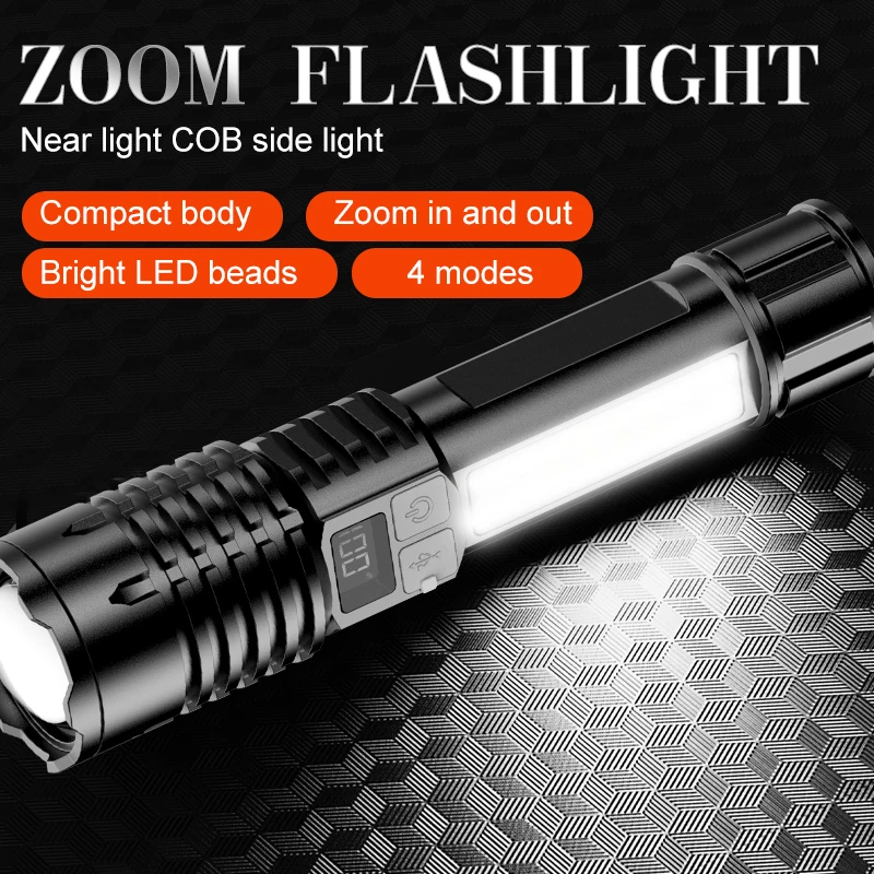White Laser Zoom Flashlight with Four Adjustable Levels, Battery Level Display, Portable Outdoor High-Intensity Lighting