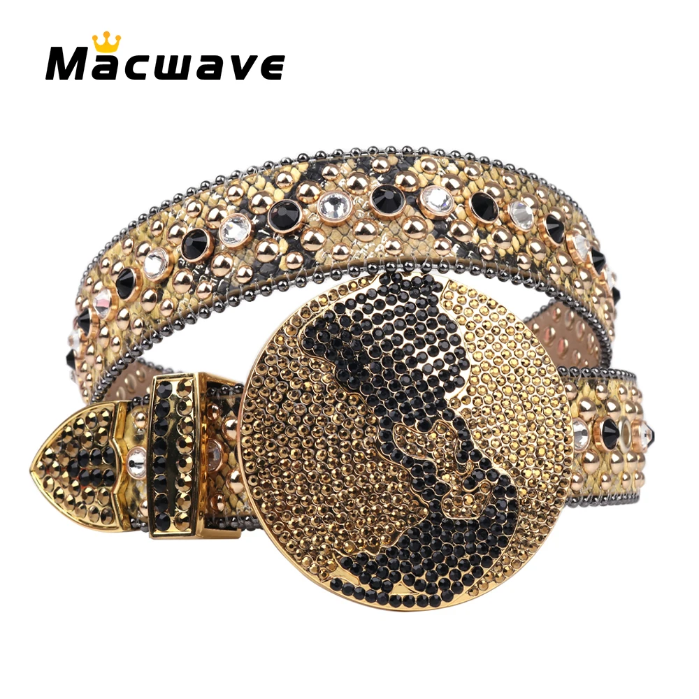 

Gold Rhinestones Belt For Women Man Western Luxury Buckle Strap Diamond Studded Belts Cowgirl Cowboy Jeans Cinturones Para Mujer