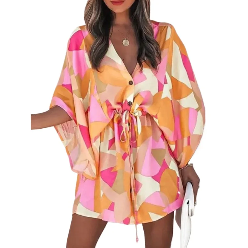 

European and American Foreign Trade Women's Large Size Loose Flying Sleeves V-neck Tie Printed Beach Dress Summer New Pajamas
