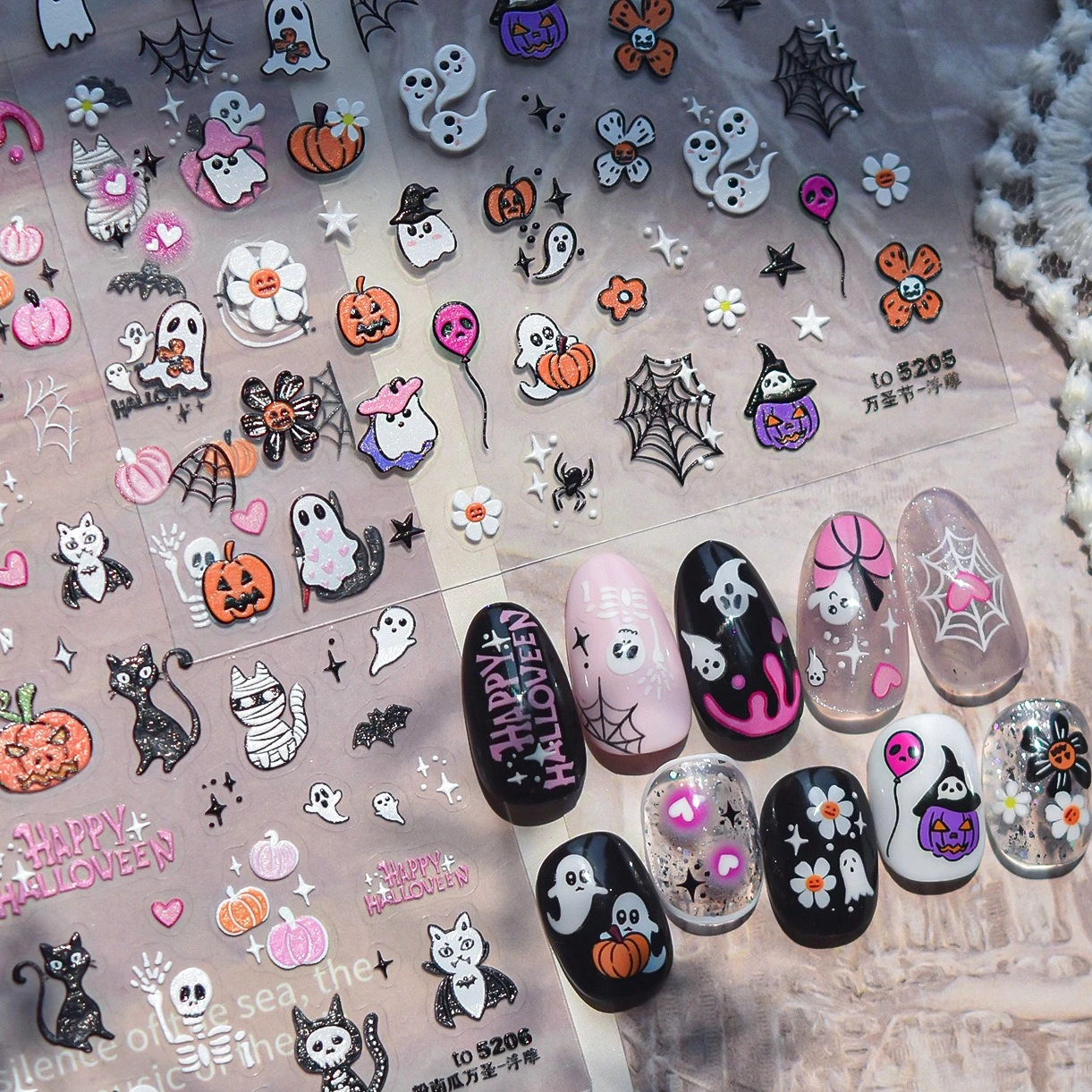 

Halloween Terrifying Flower Skeleton Cat Mummy Bandages Bat Spider Pink Pumpkin Star Nail Art Sticker Decoration Manicure Decals