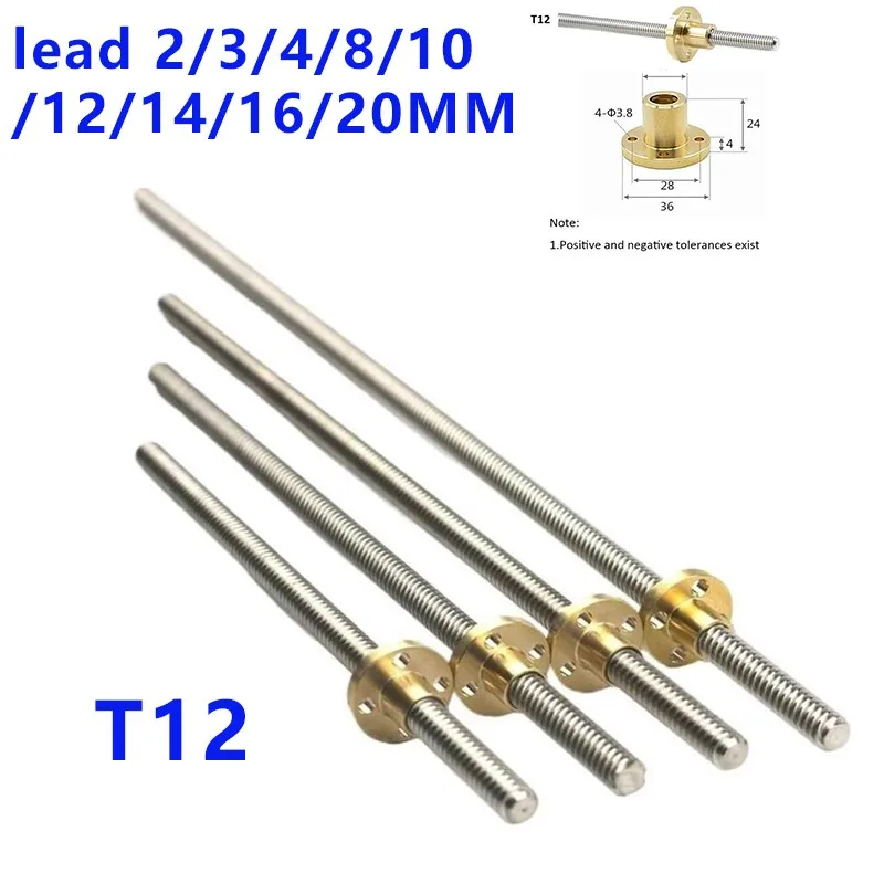 304 Stainless Steel T12 Lead Screw Thread 12mm Lead 2mm 4mm 8mm 10mm 12mm 14mm Length 50mm to 1000mm with Nut CNC 3D Printer