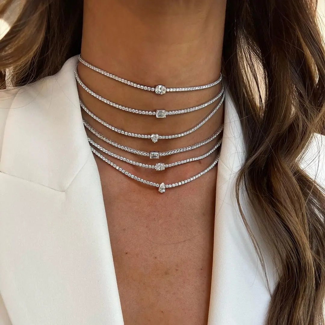 Multishape Cz Choker Necklaces Iced Out Full Bling 5A Zirconia Gold Silver Color Tennis Chain Necklace for Women Fashion Jewelry
