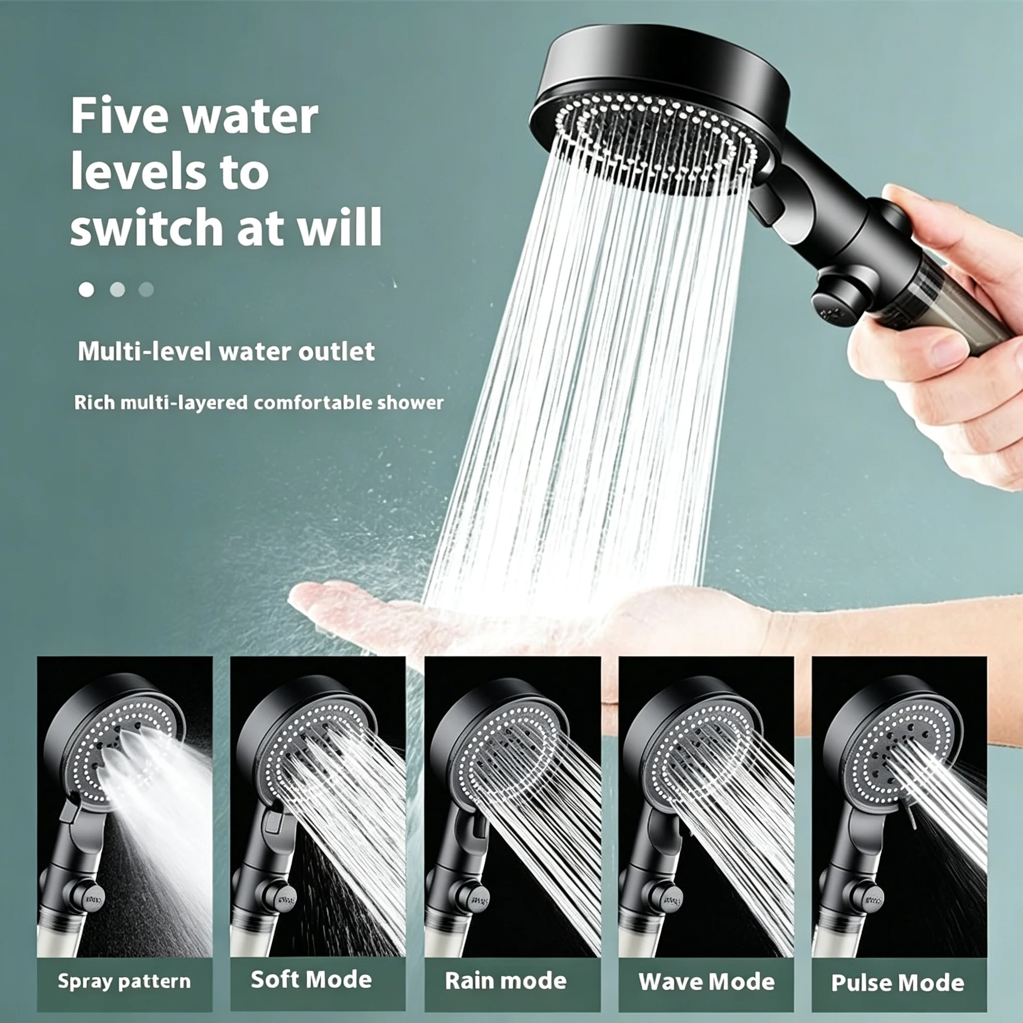 Premium Grey Handheld Shower Head with Instant Stop Button High Pressure Filtered Nozzle Includes 5pcs Removal Cartridges