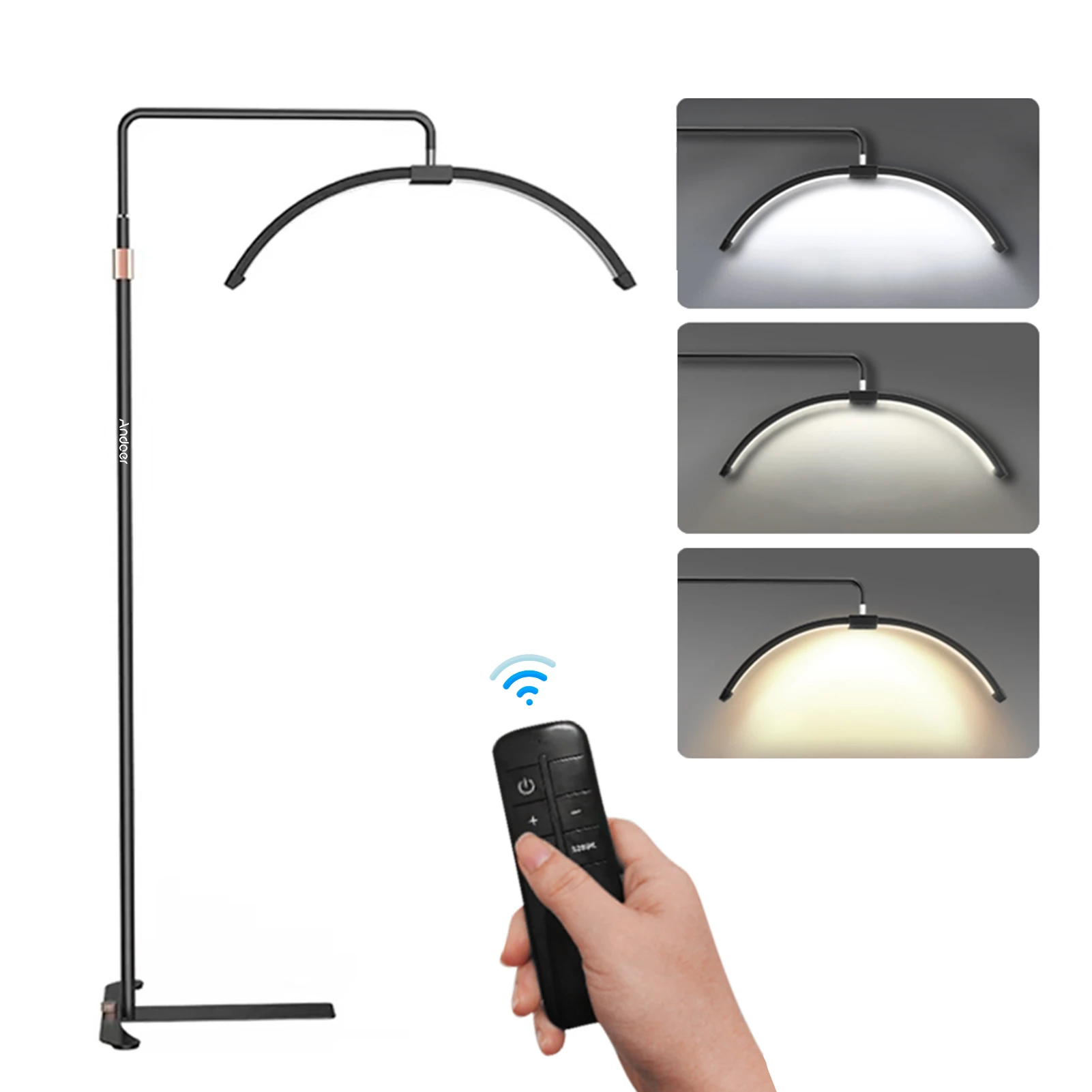 Andoer 36W vloer LED-videolamp halvemaanvormig invullicht 3000K-6000K dimbaar met 70,9 inch lichtstandaard voor schoonheidsmake-up livestream